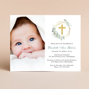 Eucalyptus Gold Cross Photo Baptism Invitation