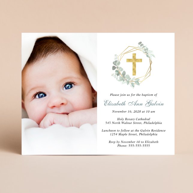 Eucalyptus Gold Cross Photo Baptism Invitation (Creator Uploaded)
