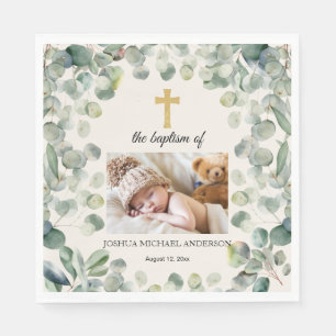 Eucalyptus Gold Cross Religious Baptism Photo Napkin