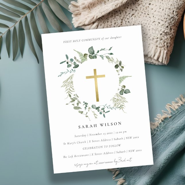 Eucalyptus Gold Cross Wreath First Holy Communion Invitation (Creator Uploaded)