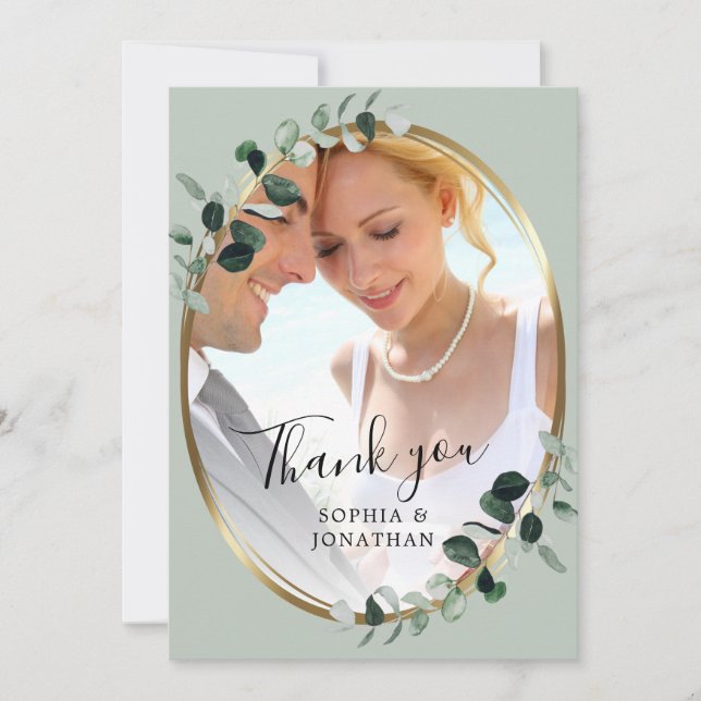 Eucalyptus Gold Elegant Script Sage Photo Wedding Thank You Card (Front)