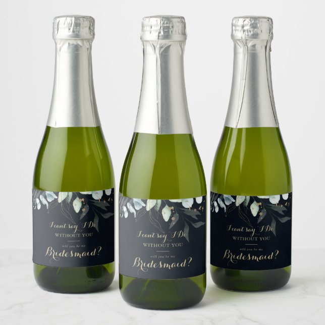 Eucalyptus Gold Floral Blue Bridesmaid Proposal  Sparkling Wine Label (Bottles)