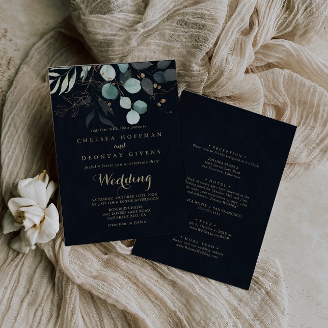 Eucalyptus Gold Floral Blue Front & Back Wedding Invitation (Creator Uploaded)