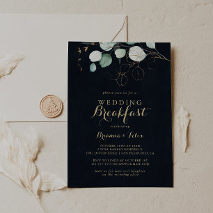 Eucalyptus Gold Floral Blue Wedding Breakfast  Invitation