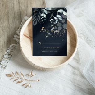 Eucalyptus Gold Floral Calligraphy Blue RSVP Card
