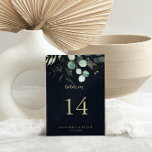 Eucalyptus Gold Floral Calligraphy Blue Wedding  Table Number<br><div class="desc">This eucalyptus gold floral calligraphy blue wedding table number is perfect for a rustic wedding. This artistic design features hand-drawn gold floral and watercolor eucalyptus green foliage in a dark blue background, inspiring natural beauty. This is a double sided table number. Add each table number you need to your cart...</div>