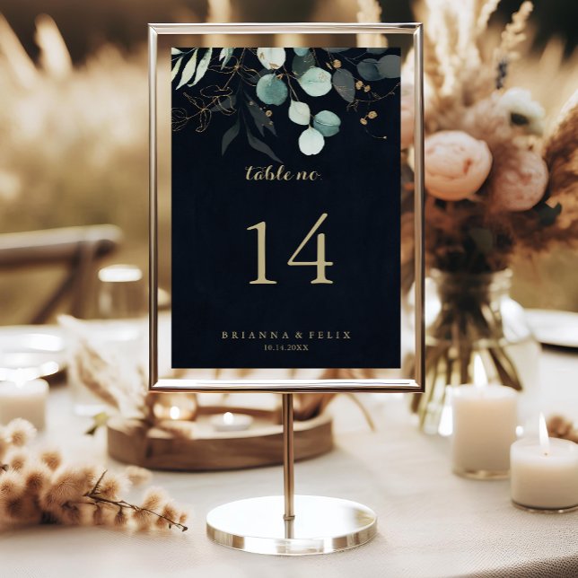 Eucalyptus Gold Floral Calligraphy Blue Wedding  Table Number (Creator Uploaded)