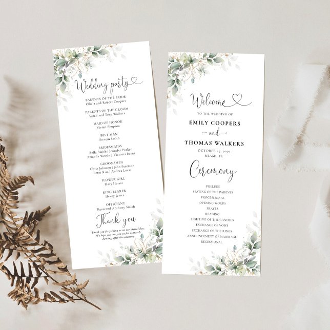 Eucalyptus Gold Floral Greenery Wedding Program Programme (Creator Uploaded)