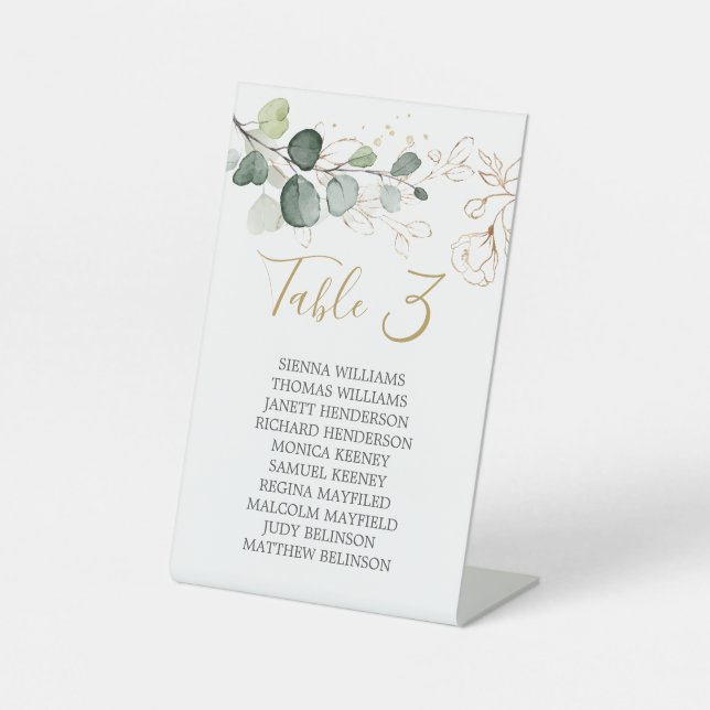 Eucalyptus Gold Floral Seating Chart Table Numbers Pedestal Sign (Front)