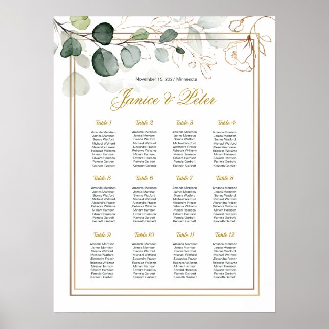 Eucalyptus Gold Floral Wedding Seating Chart (Front)