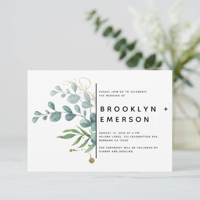 Eucalyptus Gold Foil Wedding Invitation (Standing Front)