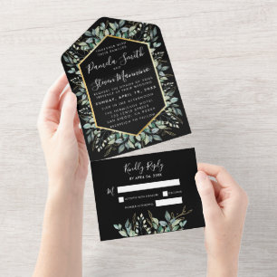 Eucalyptus Gold Frame Black Wedding with RSVP All In One Invitation