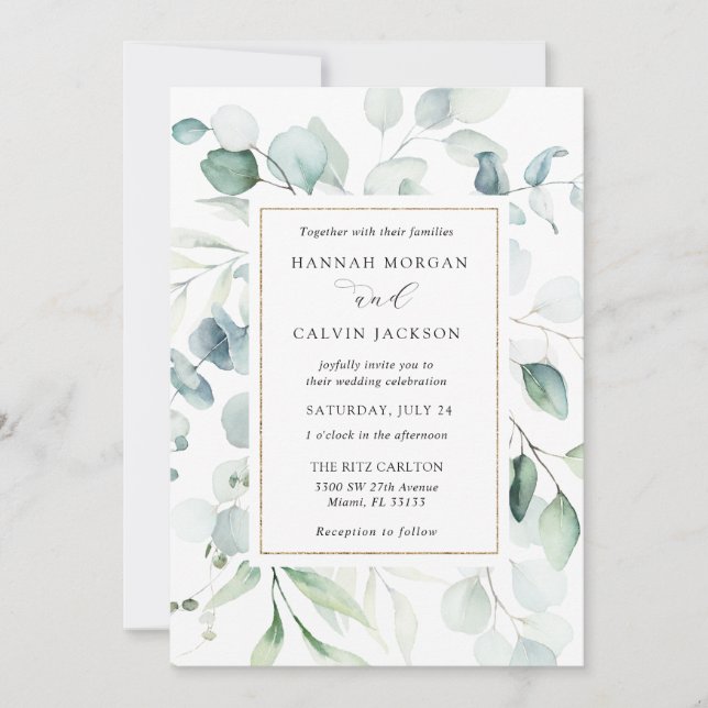 Eucalyptus Gold Frame Wedding Invitation (Front)