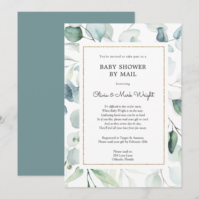 Eucalyptus Gold FrameBaby Shower by Mail Invitation (Front/Back)