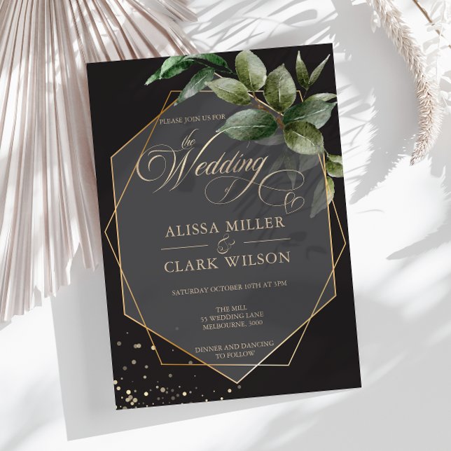 Eucalyptus Gold Geometric Black Charcoal Wedding Invitation (Creator Uploaded)