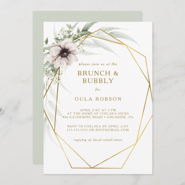 Eucalyptus Gold Geometric Brunch and Bubbly Invitation (Front/Back)