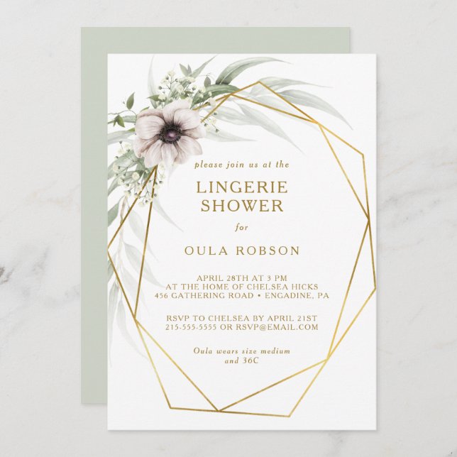 Eucalyptus Gold Geometric Lingerie Shower Invitation (Front/Back)