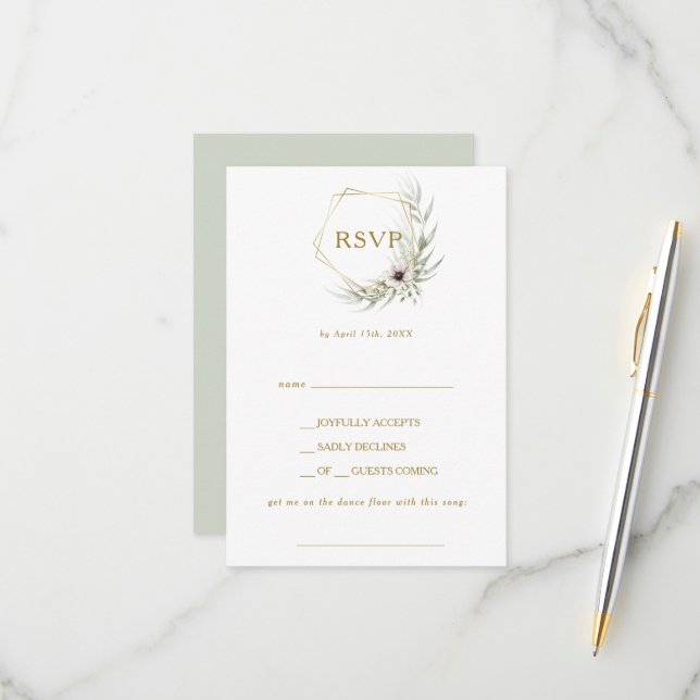 Eucalyptus Gold Geometric Song Request RSVP Card (Front/Back In Situ)