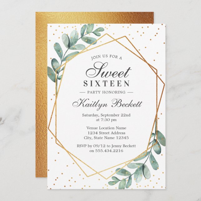 Eucalyptus Gold Geometric Sweet Sixteen Invitation (Front/Back)