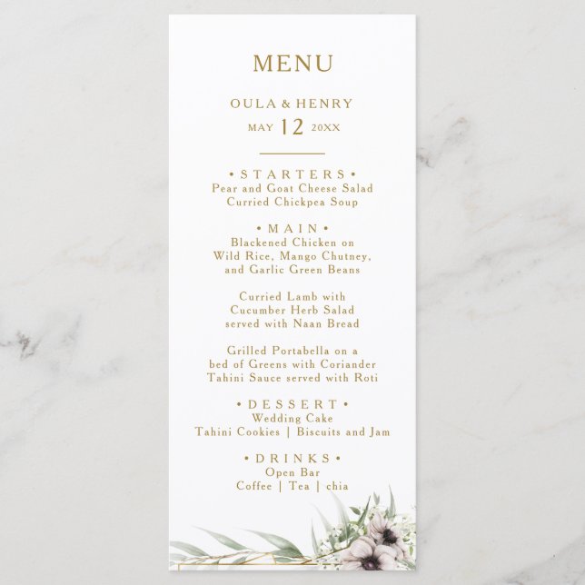 Eucalyptus Gold Geometric Wedding Dinner Menu (Front)
