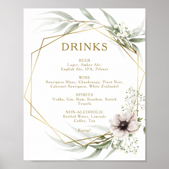 Eucalyptus Gold Geometric Wedding Drinks Menu Sign (Front)