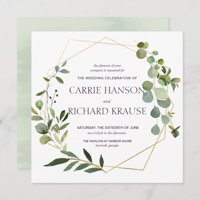 Eucalyptus Gold Geometric Wedding Invitation (Front/Back)