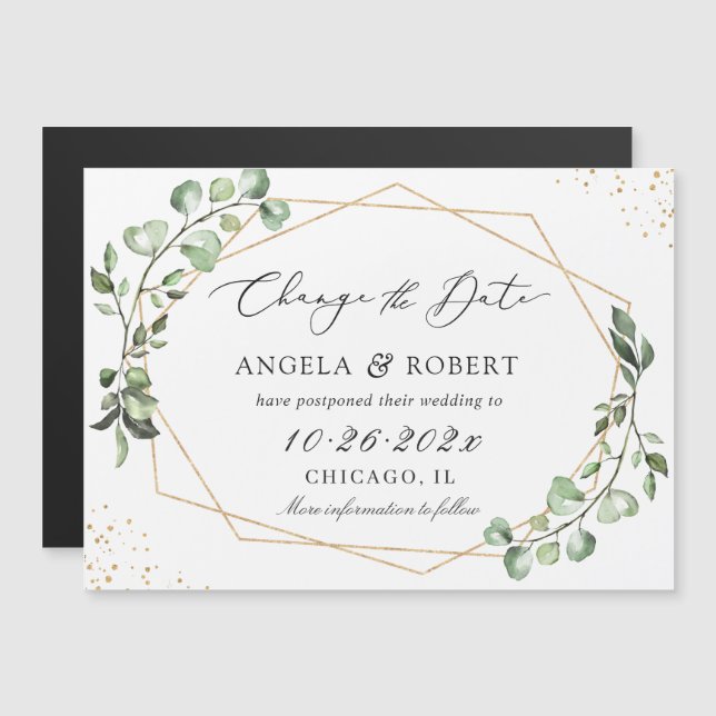 Eucalyptus Gold Geometric Wedding Postponed Magnet (Front/Back)