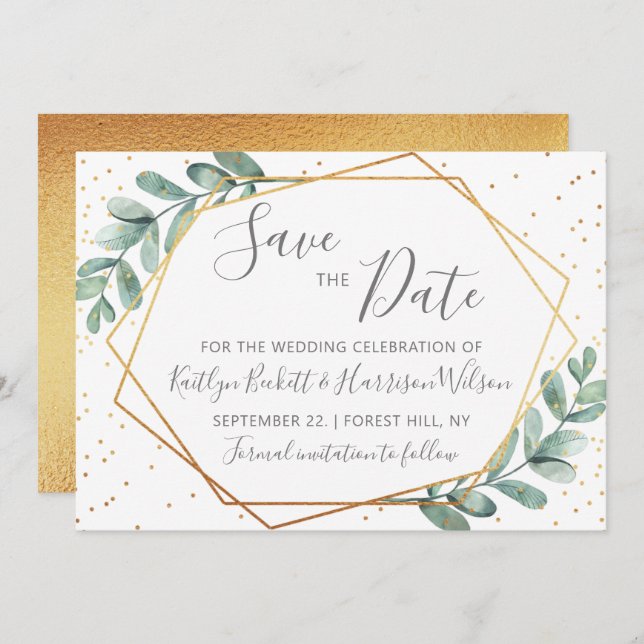 Eucalyptus Gold Geometric Wedding Save The Date (Front/Back)
