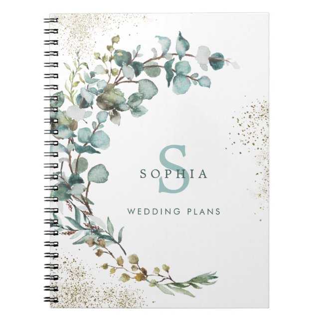 Eucalyptus Gold Glitter Botanical Wedding Notebook (Front)