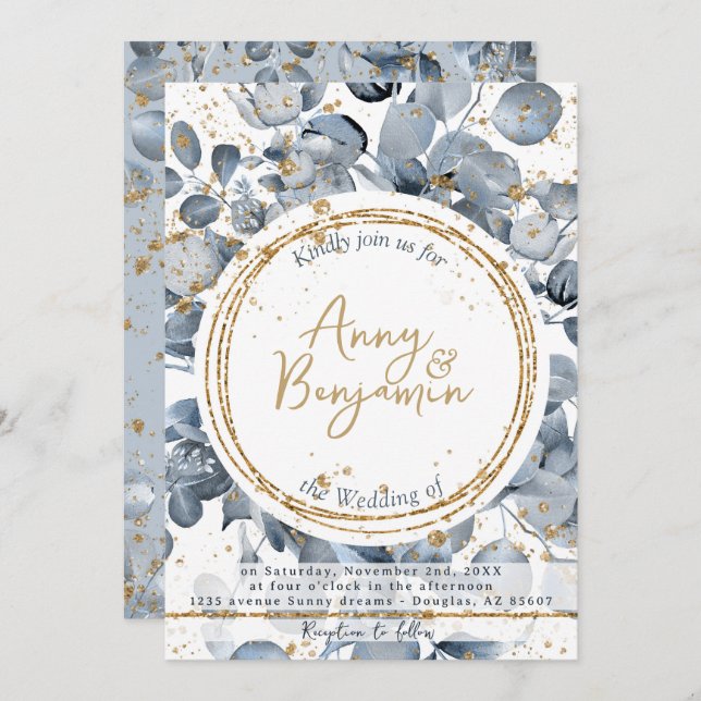 Eucalyptus Gold Glitter - Dusty Blue Invitation 2 (Front/Back)