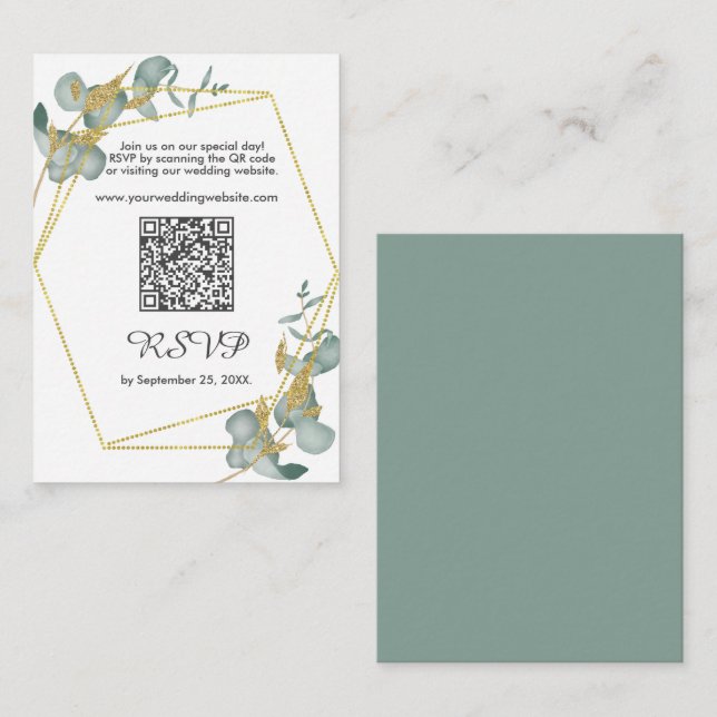 Eucalyptus Gold Glitter Frame RSVP With QR Code   Card (Front/Back)