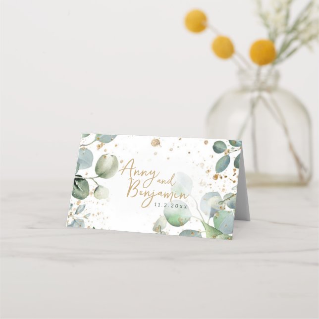 Eucalyptus Gold Glitter - Green Wedding Place Card (Back)