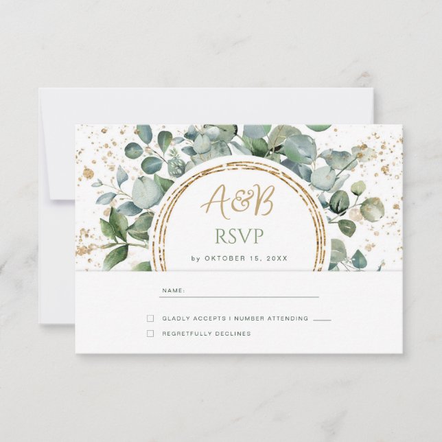 Eucalyptus Gold Glitter - Green Wedding RSVP 1 (Front)