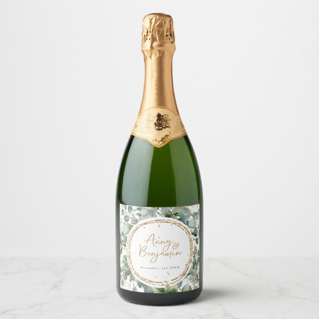 Eucalyptus gold glitter wedding - Code 02 Sparkling Wine Label (Front)