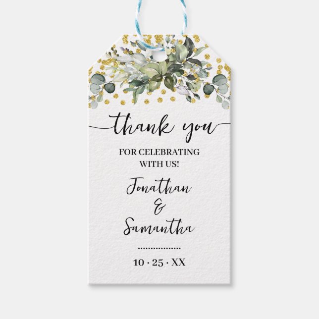 Eucalyptus Gold Glitter Wedding Shower Favour tag (Front)