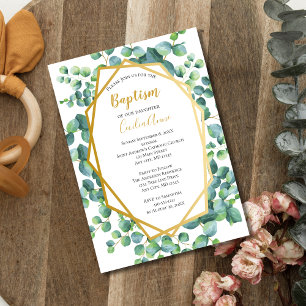 Eucalyptus Gold Green Floral Boy Girl Baptism  Invitation