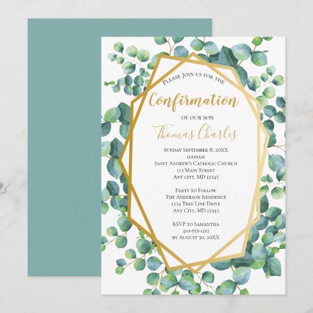 Eucalyptus Gold Green Floral Boy Girl Confirmation Invitation (Front/Back)