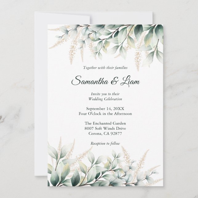 Eucalyptus Gold Greenery Wedding Invitation (Front)