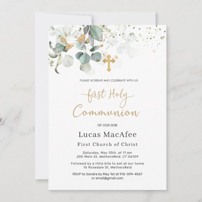 Eucalyptus Gold Leaves Cross First Communion Invitation (Front)