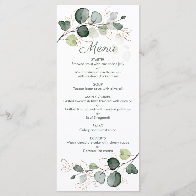 Eucalyptus Gold Leaves Wedding Menu (Front)