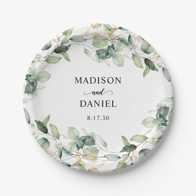 Eucalyptus Gold Leaves Wedding Paper Plate (Front)