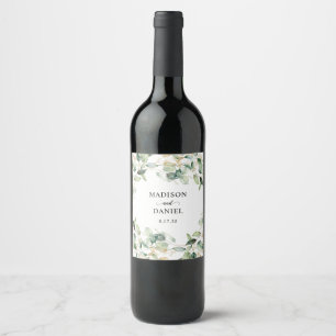 Eucalyptus Gold Leaves Wedding Wine Label