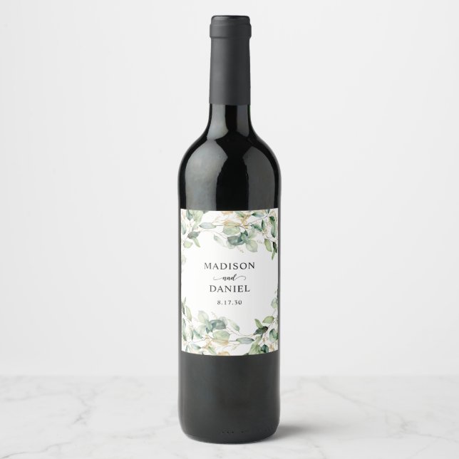 Eucalyptus Gold Leaves Wedding Wine Label (Front)