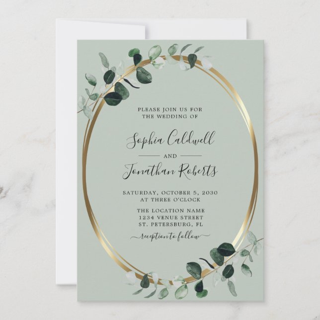 Eucalyptus Gold Metallic Sage Wedding Invitation (Front)