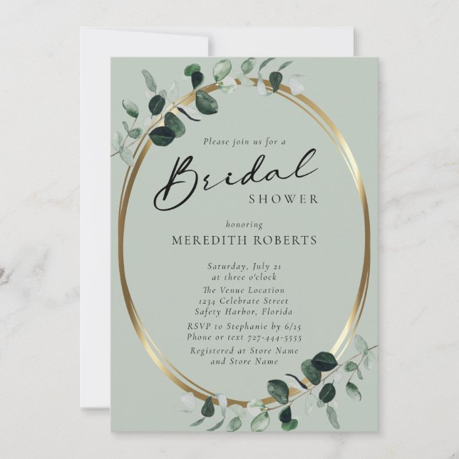 Eucalyptus Gold Modern Calligraphy Bridal Shower Invitation (Front)