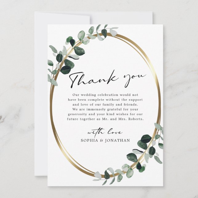 Eucalyptus Gold Modern Calligraphy White Wedding Thank You Card (Front)