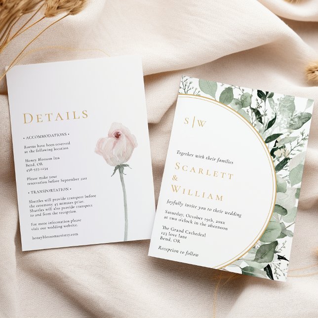 Eucalyptus Gold Modern Monogram Wedding All In One Invitation (Creator Uploaded)