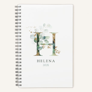 Eucalyptus Gold Monogram Initial H Floral Greenery Notebook