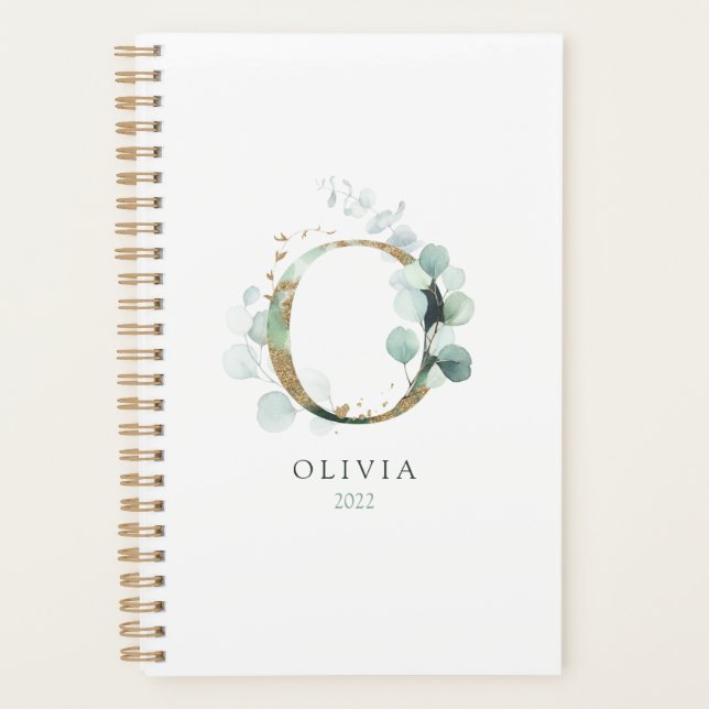 Eucalyptus Gold Monogram Initial O Floral Greenery Planner (Front)