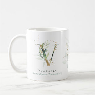 Eucalyptus Gold Monogram Initial V Greenery Chic Coffee Mug